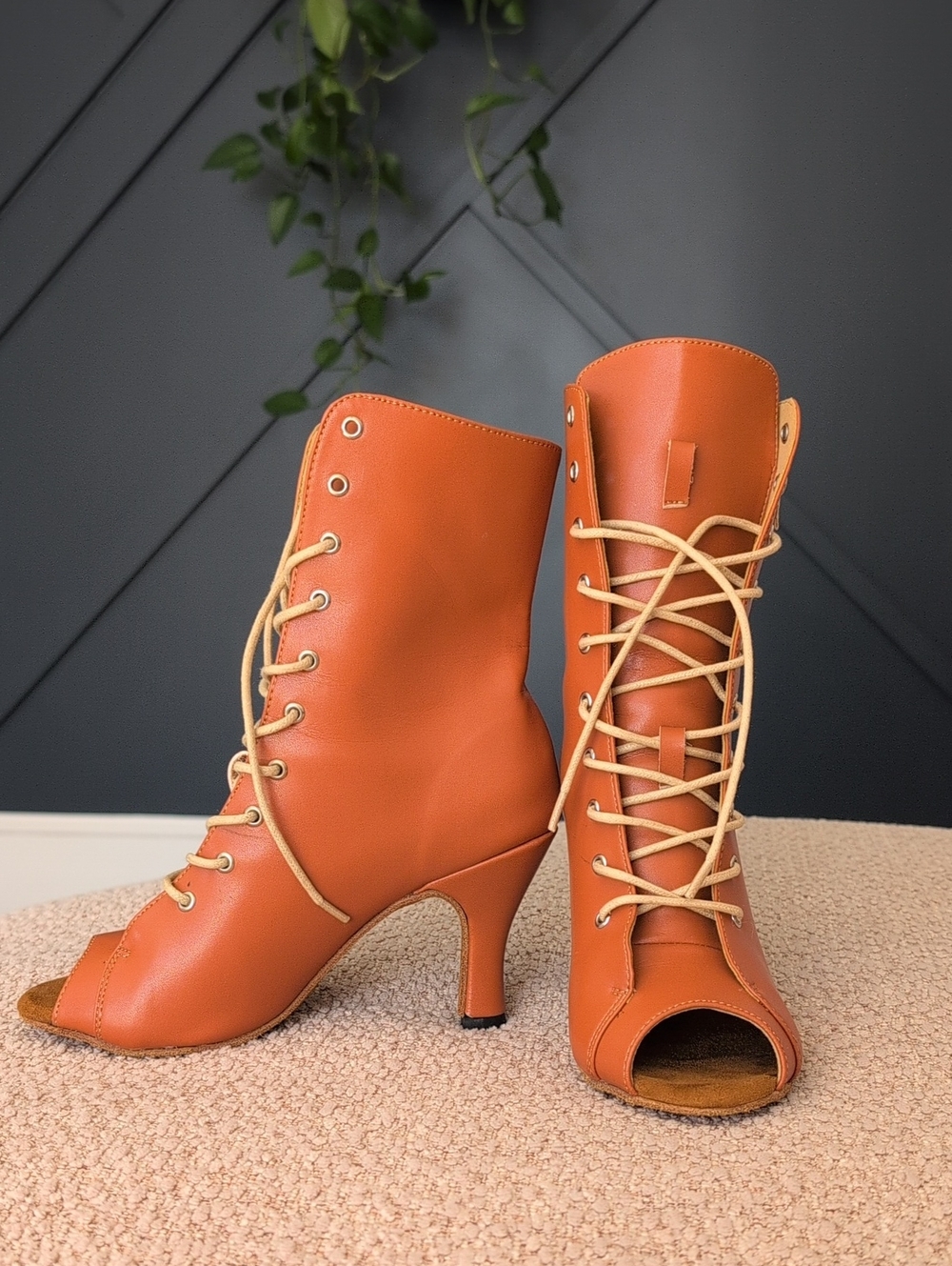 Latin Dance Lace-Up Peep-Toe Heeled Booties